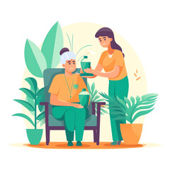 Obraz na płótnie Canvas Social workers taking care about seniors people. Vector flat cartoon illustration. Volunteer young people help elderly people walk, ride wheelchair and shop. Generative AI.