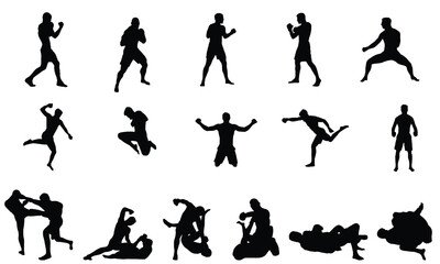 Silhouette set of mixed martial art mma fighter. Muay thai, wrestling, jujitsu, kickboxing, boxing.  Vector illustration