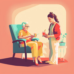 Nurse taking care of grandfather in nursing home or hospital. Vector flat cartoon character walking with help of young woman staff, clinics for rehabilitation and therapy, healthcare Generative AI.
