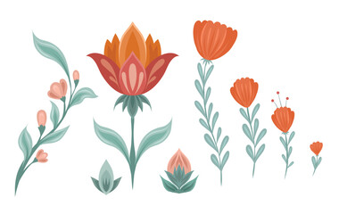 Vector folk art set of flowers isolated from the background. Floral geometric collection. Natural elements