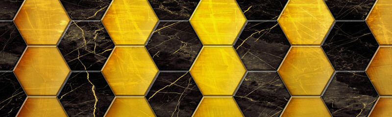 Black and gold marble hexagonal tiles with horizontal brushed golden tiles