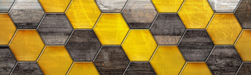 Gold hexagonal tiles with dark wood diagonal flooring
