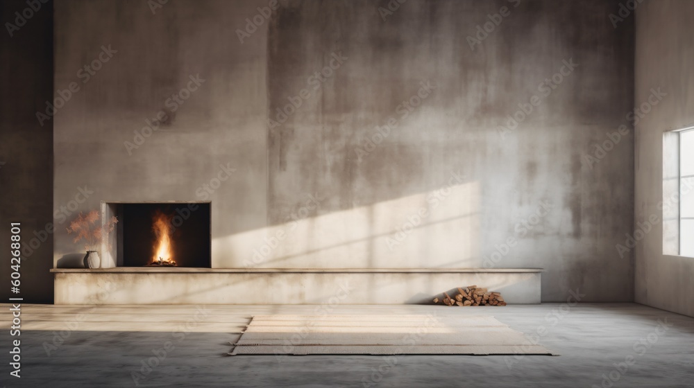 Poster concrete style fireplace. designed using generative ai.