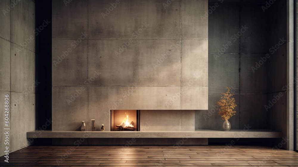 Poster concrete style fireplace. designed using generative ai.