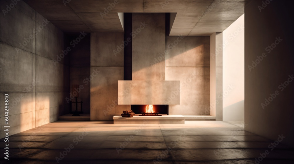 Poster concrete style fireplace. designed using generative ai.