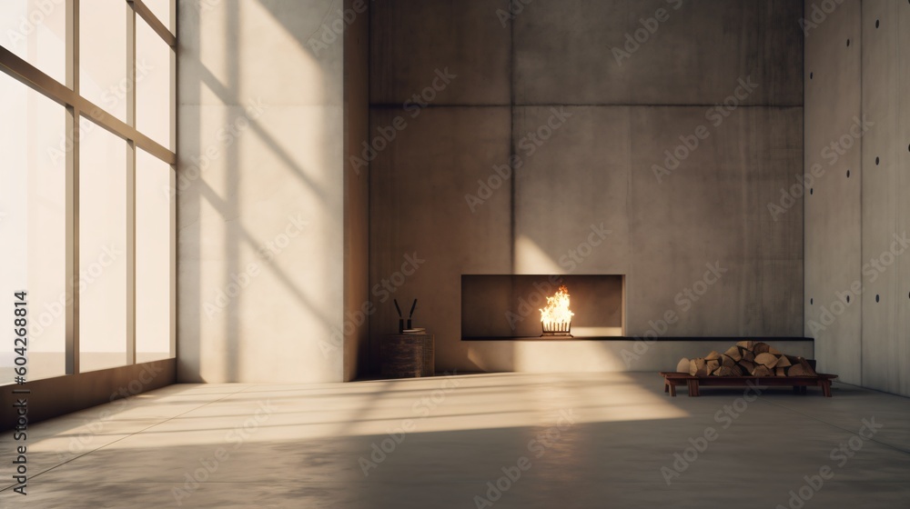 Poster concrete style fireplace. designed using generative ai.