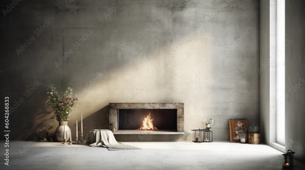 Poster concrete style fireplace. designed using generative ai.