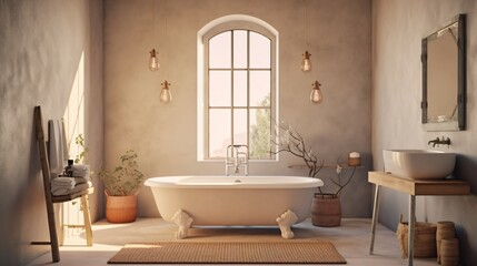 Fototapeta na wymiar Boho Bathroom Interior. Designed using Generative AI