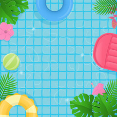 Colorful inflatable ring and tropical trees on swimming pool background