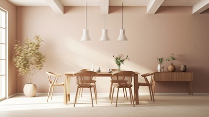 Boho style dining room interior. Designed using Generative AI. 