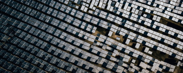 Stunning aerial view of a solar farm, casting geometric shadows on sleek panels amidst contrasting landscape, evoking emotions in eco-friendly innovation. Generative AI