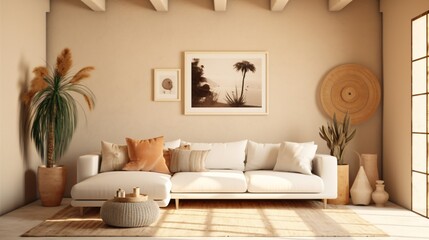 Fototapeta na wymiar Boho Living Room Interior. Designed using Generative AI