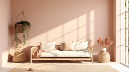 Boho Living Room Interior. Designed using Generative AI