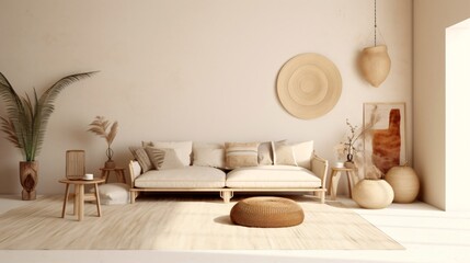 Fototapeta na wymiar Boho Living Room Interior. Designed using Generative AI