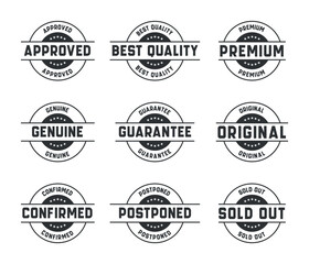 Stamp design set - premium quality, guaranteed, approved, sold out, postponed, confirmed, genuine, original.
