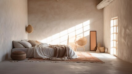 Boho bedroom interior. Designed using Generative AI