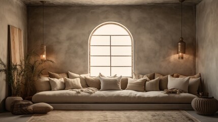 Boho lounge interior. Designed using generative ai.