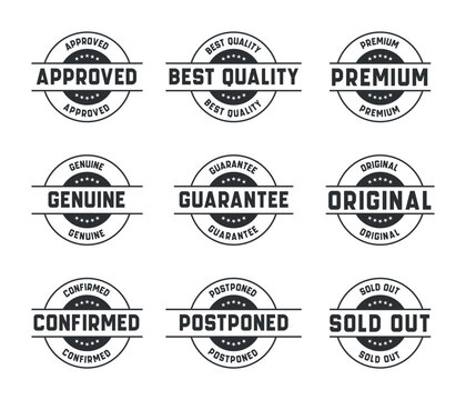 Stamp design set - premium quality, guaranteed, approved, sold out, postponed, confirmed, genuine, original.
