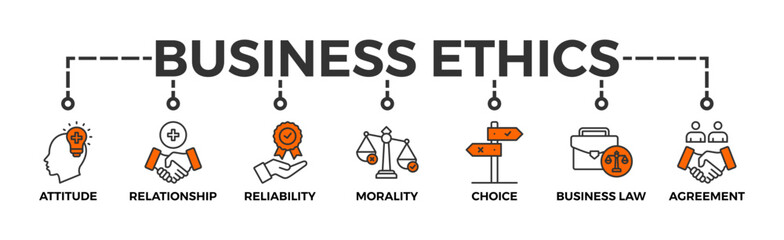 Business ethics banner web icon vector illustration concept with icon of attitude, relationship, reliability, morality, choice, business law and agreement