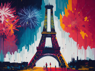 Eiffel Tower and Fireworks in Paris. Colorful illustration. AI generated.