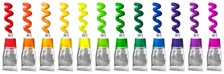 Set of colorful paint tubes isolated on white background. Color Wheel.