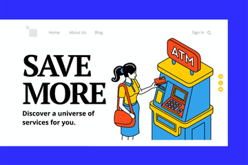 Young woman using ATM machine at bank to withdraw cash. Vector illustration In retro arcade style, compatible with figma presentation.