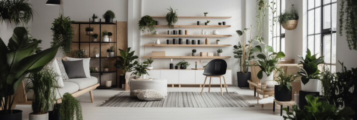 A living room with a white wall that has a black chair and a white shelf with plants on it.AI