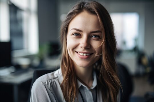 Portrait of young woman smiling at an office. Generative AI