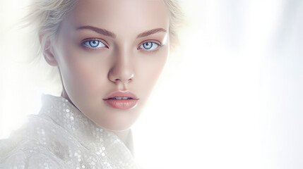 Beautiful model woman with emotive blue eyes. Generative AI