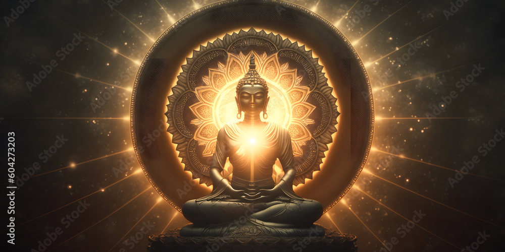 Wall mural buddha statue transcendental spiritual meditation with aura, banner yellow light. generation ai