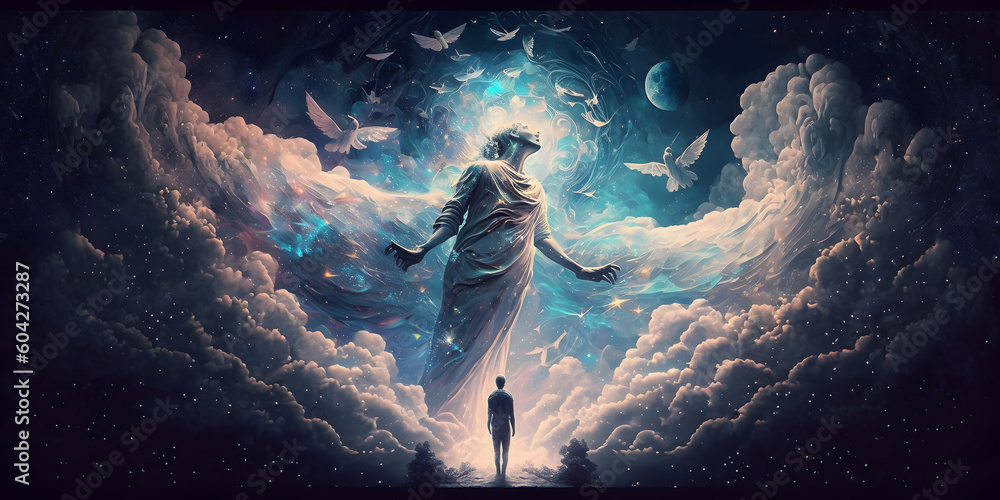 Wall mural astral silhouette of human in cosmic space meditate. back view man fly transcendental spiritual medi