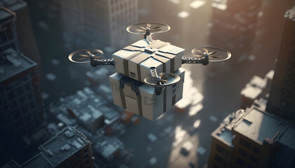 Fototapeta na wymiar Cargo Drone delivery box package - autonomous logistics in modern city. Generation AI