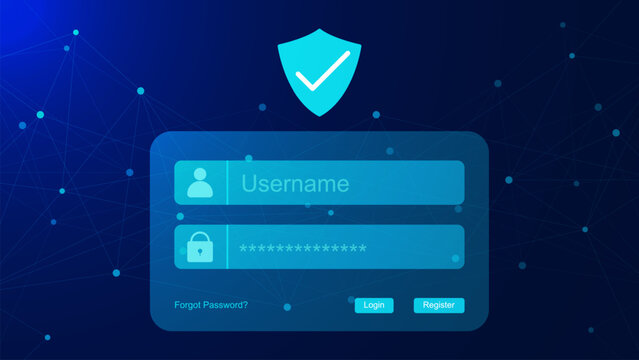 Login form with shield security and dots and lines connection for data protection, policy privacy and encryption concept background