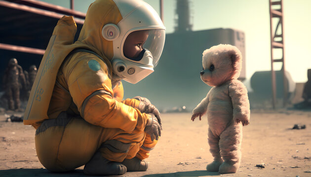 Concept life after apocalypse radioactive war, baby in nuclear radiation protection costume yellow play with toy bear. Generation AI