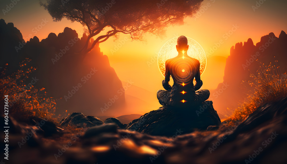 Wall mural yoga silhouette of human in cosmic space meditate with sun light. back view man practicing meditatio