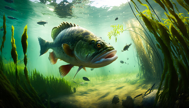 Predatory fish Largemouth bass in habitat under water looking for prey. Sport fishing concept. Generation AI