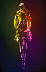 Hand-drawn fashion model from a neon. A light men. Fashion men. Stylish fashion model. Fashion illustration