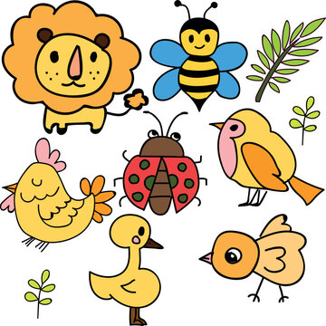 Set of funny doodle animals and birds clipart with colors 
 yellow, red, blue, brown, and black
