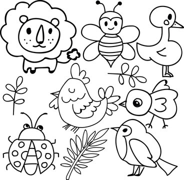 Set of outline doodle animals and birds clipart 