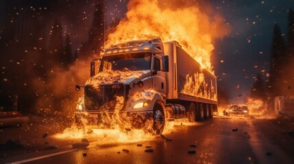 A semi truck burns out of control on the highway. Generative AI