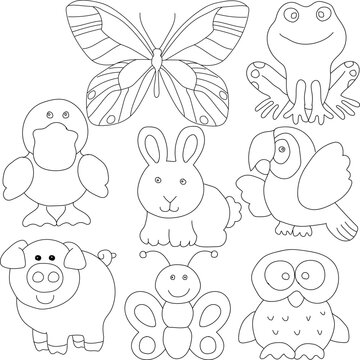 Set of outline doodle animals clipart featuring a pig, duck, owl, frog, rabbit, macaw, bee, and butterfly