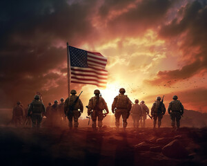 USA Army Soldiers Against a Stunning Sunset or Sunrise with USA Flag - Celebrate Veterans Day, Memorial Day, and Independence Day with this Greeting Card