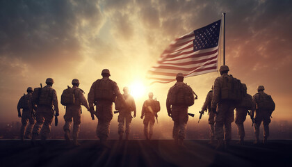 USA Army Soldiers Against a Stunning Sunset or Sunrise with USA Flag - Celebrate Veterans Day, Memorial Day, and Independence Day with this Greeting Card