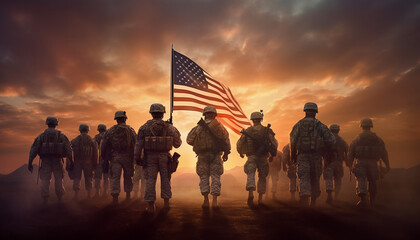 Fototapeta na wymiar USA Army Soldiers Against a Stunning Sunset or Sunrise with USA Flag - Celebrate Veterans Day, Memorial Day, and Independence Day with this Greeting Card