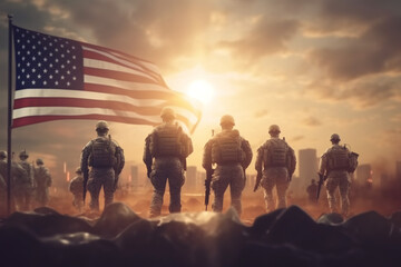 Fototapeta premium USA Army Soldiers Against a Stunning Sunset or Sunrise with USA Flag - Celebrate Veterans Day, Memorial Day, and Independence Day with this Greeting Card
