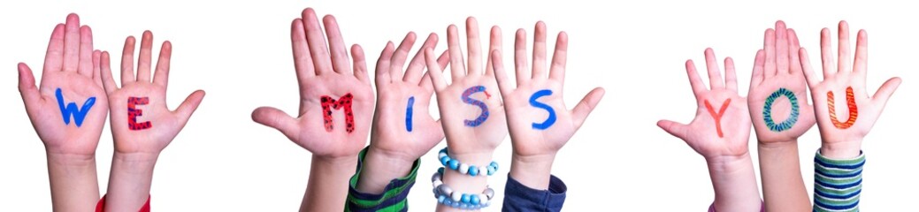 Children Hands Building Word We Miss You. White Background