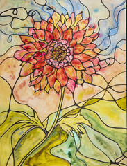 Neurographic marigold watercolor painting. The dabbing technique near the edges gives a soft focus effect due to the altered surface roughness of the paper.