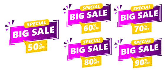 Percent sale banner template design set, Big sale special offer with purple and yellow color. 50 60 70 80 90 percent sale. Vector illustration. isolated on white background