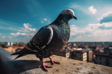 Pigeon perched atop a towering city skyscraper, captured in a stunning close-up photograph. Generative AI
