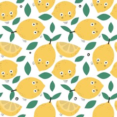 Seamless pattern with cartoon lemons. Colourful  illustration flat style. hand drawing. design for fabric, textile, print, wrapper
